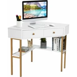 Costway Corner Computer Desk Space Saving Corner Writing Workstation W/ 2 Large Drawers