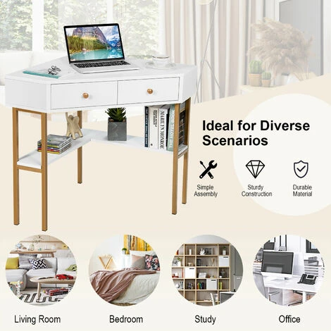 Costway Corner Computer Desk Space Saving Corner Writing Workstation W/ 2 Large Drawers - Image 3