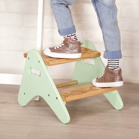 READCLY B. Toys - B. Spaces Peek-A-Boost - Wooden Step Stool - Two-Step Step Stool For Kids Ages 2 And Up (Natural Wood Color & Mint) - Image 5