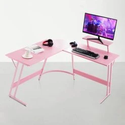 Devoko L-shaped Computer Desk Large Home Office Writing Workstation Corner Desk Space Saving PC With Monitor Stand,Pink