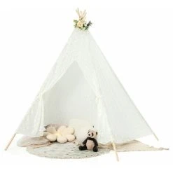 Gymax Lace Teepee Tent Sheer Lace Tipi Tent 5-Side Large Indoor & Outdoor Canopy White