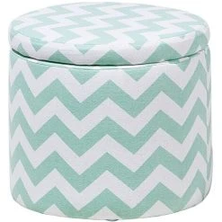 Beliani Fabric Round Storage Footstool Lift Top Striped Mint Green And White Tunica