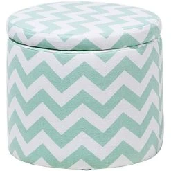 Beliani Fabric Round Storage Footstool Lift Top Striped Mint Green And White Tunica