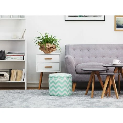 Beliani Fabric Round Storage Footstool Lift Top Striped Mint Green And White Tunica - Image 2