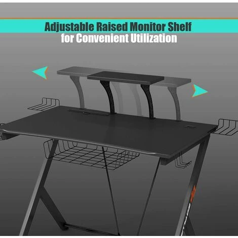 COSTWAY Multifunctional Gaming Computer Desk, Ergonomic Computer Table Includes Raised Shelf, Cable Management Grommet, Headphone Hook, Cup Holder, K-shaped Computer Table For Bedroom, Study - Image 2
