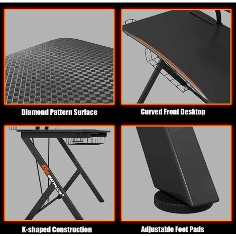 COSTWAY Multifunctional Gaming Computer Desk, Ergonomic Computer Table Includes Raised Shelf, Cable Management Grommet, Headphone Hook, Cup Holder, K-shaped Computer Table For Bedroom, Study - Image 5