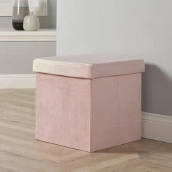 Home Source Square Folding Ottoman Velvet Blush Chest Storage Space Saving Bedding Box
