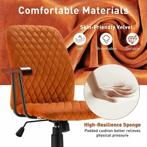 COSTWAY Velvet Office Chair, Ergonomic Swivel Computer Desk Chair With Rubber Wood Armrests, Adjustable Rolling Rocking Executive Task Chairs Tufted Leisure Seat For Home Office Bedroom (Orange) - Image 2
