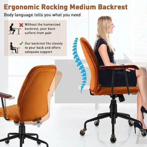 COSTWAY Velvet Office Chair, Ergonomic Swivel Computer Desk Chair With Rubber Wood Armrests, Adjustable Rolling Rocking Executive Task Chairs Tufted Leisure Seat For Home Office Bedroom (Orange) - Image 3