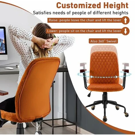 COSTWAY Velvet Office Chair, Ergonomic Swivel Computer Desk Chair With Rubber Wood Armrests, Adjustable Rolling Rocking Executive Task Chairs Tufted Leisure Seat For Home Office Bedroom (Orange) - Image 4