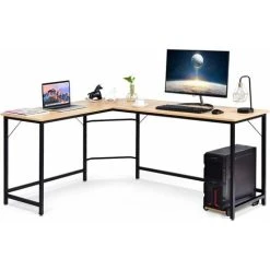 COSTWAY L-Shaped Computer Desk, 168 X 125 X 75cm,Industrial Large 2-Person Corner Writing Workstation PC Laptop Table, Wooden Metal Frame Home Office Work Study Gaming Desk (Natural)