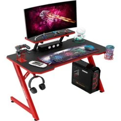 Intimate WM Heart Gaming Desk, 110cm Large Ergonomic Gaming Computer Desk, Carbon Fiber Table Top, E-Sports Desk With Adjustable Monitor Shelf, Rotatable Earphone, Cup, Handle Holders (Black And Red)