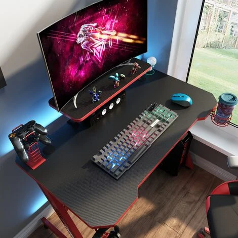 Intimate WM Heart Gaming Desk, 110cm Large Ergonomic Gaming Computer Desk, Carbon Fiber Table Top, E-Sports Desk With Adjustable Monitor Shelf, Rotatable Earphone, Cup, Handle Holders (Black And Red) - Image 2