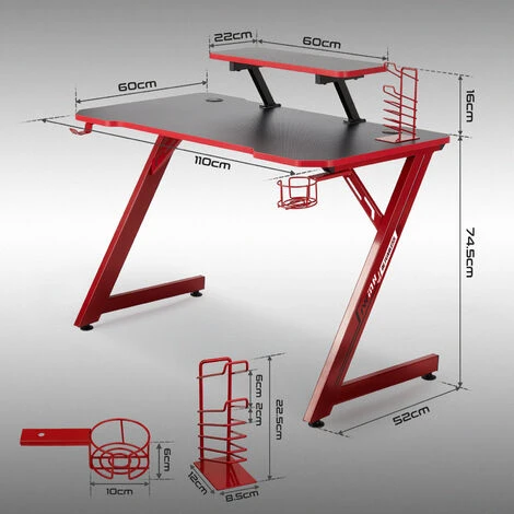 Intimate WM Heart Gaming Desk, 110cm Large Ergonomic Gaming Computer Desk, Carbon Fiber Table Top, E-Sports Desk With Adjustable Monitor Shelf, Rotatable Earphone, Cup, Handle Holders (Black And Red) - Image 3