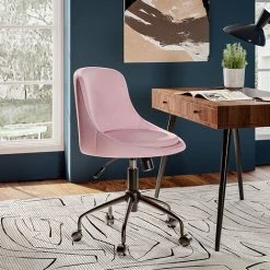 Livingandhome Pink Velvet Swivel Office Accent Chair With Wheels