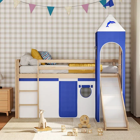 Livingandhome Castle Pine Wood Loft Bed With Slide And Tent - Image 2
