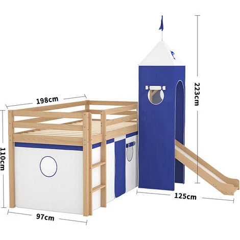 Livingandhome Castle Pine Wood Loft Bed With Slide And Tent - Image 5