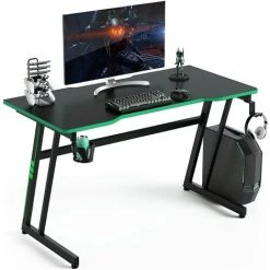 COSTWAY Computer Desk, 120cm Study Table Writing Workstation With Headphone Hook, Cup Holder And Game Handle Rack, Z-Shaped PC Laptop Table Working Gaming Desk For Home Office Bedroom (Green+Black)