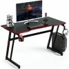 COSTWAY Computer Desk, 120cm Study Table Writing Workstation With Headphone Hook, Cup Holder And Game Handle Rack, Z-Shaped PC Laptop Table Working Gaming Desk For Home Office Bedroom (Red+Black)