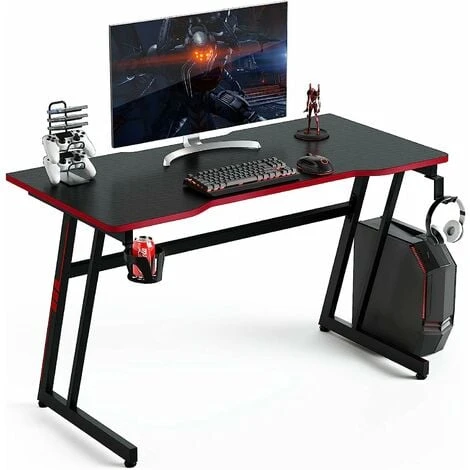 COSTWAY Computer Desk, 120cm Study Table Writing Workstation With Headphone Hook, Cup Holder And Game Handle Rack, Z-Shaped PC Laptop Table Working Gaming Desk For Home Office Bedroom (Red+Black)