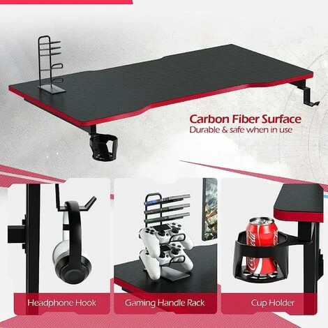 COSTWAY Computer Desk, 120cm Study Table Writing Workstation With Headphone Hook, Cup Holder And Game Handle Rack, Z-Shaped PC Laptop Table Working Gaming Desk For Home Office Bedroom (Red+Black) - Image 2