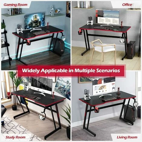 COSTWAY Computer Desk, 120cm Study Table Writing Workstation With Headphone Hook, Cup Holder And Game Handle Rack, Z-Shaped PC Laptop Table Working Gaming Desk For Home Office Bedroom (Red+Black) - Image 5