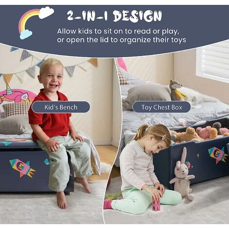 COSTWAY Kids Toy Storage Box, Upholstered Children Organizer Chest With Removable Lid, Handle And Adjustable Legs, Storage Ottoman Bench For Bedroom, Nursery, Playroom (Navy Blue) - Image 4