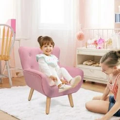Unho Pink Velvet Cute Child Armchair Childern Seat Wood Frame With Footrest Padding Foot Stool