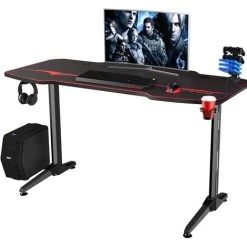 Devoko T-shape Large Black/Red Gaming Computer Desk With Free Full Mousepad,Earphone Hooks And Cup Holder,PC Desk Gaming Desk,110cm,Black