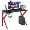 CLIPOP Gaming Desk, K-Shaped Metal Legs Gaming Computer Desk With 7-Color RGB Lighting, Carbon Fiber Table Top, Red