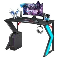 CLIPOP Ergonomic RGB Gaming Desk,110 Cm Home Office Computer Desk With K-Shaped Metal Legs And Headphone Hooks