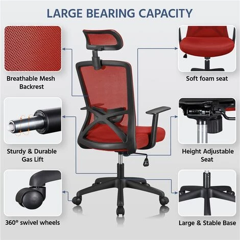 Yaheetech Mesh Office Chair With Headrest Ergonomic Desk Chair, Red - Image 4