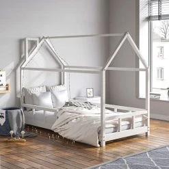 Livingandhome White Solid Pine Wood Frame House Double Kids Bedstead