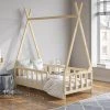 Livingandhome Kid Premium Wood House Bed Frame With Fence