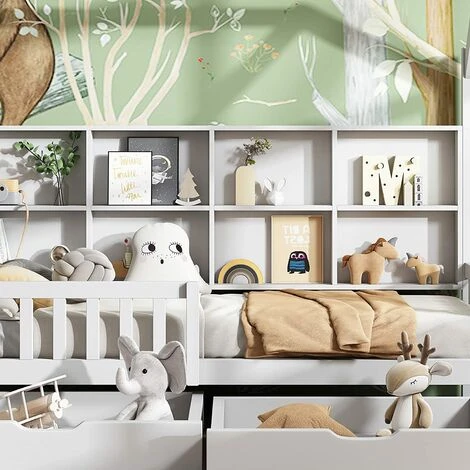 SWYEOOT Cot With Multifunctional Storage Shelf And 2 Large Drawers With Storage Space And Chimney Shape 90 X 200 Cm (white + Bookcase 90 X 200 Cm) - Image 2