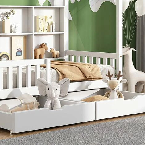 SWYEOOT Cot With Multifunctional Storage Shelf And 2 Large Drawers With Storage Space And Chimney Shape 90 X 200 Cm (white + Bookcase 90 X 200 Cm) - Image 3