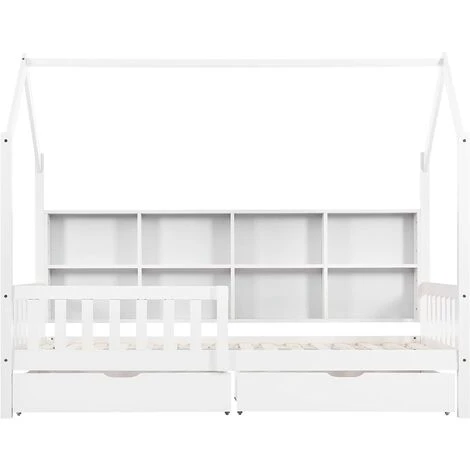 SWYEOOT Cot With Multifunctional Storage Shelf And 2 Large Drawers With Storage Space And Chimney Shape 90 X 200 Cm (white + Bookcase 90 X 200 Cm) - Image 4