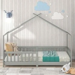 SWYEOOT Children's Bed - Solid Wood With Fence And Slatted Frame - With Fall Protection For Children's And Teenagers' Rooms - Gray - 90 X 200 Cm