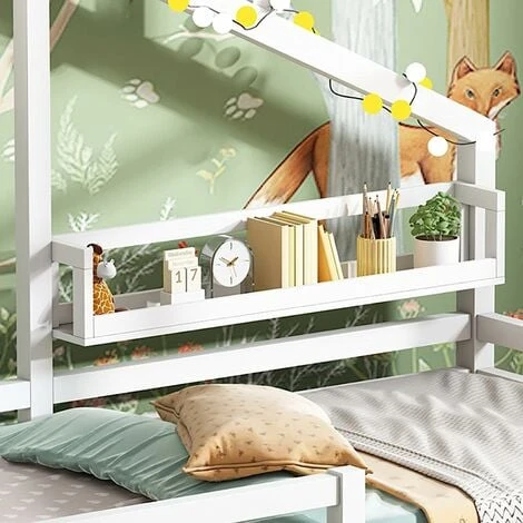SWYEOOT Children's Bed, Beautiful House Bed, Made Of Solid Wood With Fence And Slatted Frame, With Storage Shelf, Fireplace Shape For Children's And Teenagers' Rooms (White, 90 X 200 Cm) - Image 2