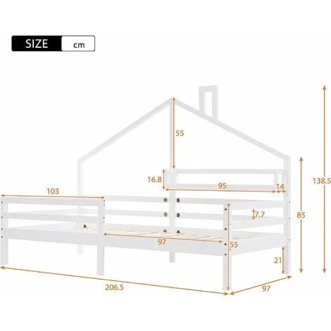 SWYEOOT Children's Bed, Beautiful House Bed, Made Of Solid Wood With Fence And Slatted Frame, With Storage Shelf, Fireplace Shape For Children's And Teenagers' Rooms (White, 90 X 200 Cm) - Image 3