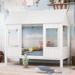 SWYEOOT House Bed, Baby Bed, Day Bed With 2 Windows, Pine Frames, MDF Roof, White (200x90cm)