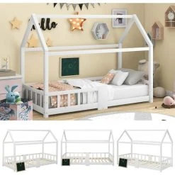SWYEOOT Children's Bed 90 X 200 Cm, Pine Wood Children's Bed, With Blackboard, Slatted Frame, Fall Protection, Made Of Pine Wood (without Mattress)
