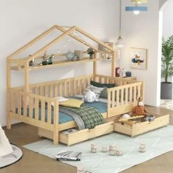 SWYEOOT Wooden Colored Children's Bed, Bed House Bed With Drawers, Solid Wood With Slatted Frame, Pine Wood House Bed, Children's And Youth Room, 90x200