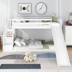 QHJ Bunk Bed With Stairs And Slide Children Bed With Drawer 90x190cm, White