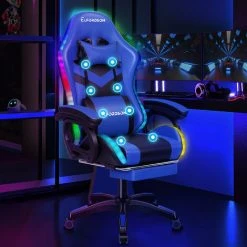 ELFORDSON Gaming Chair With RGB LED Light 8-Point Massage, Blue & Black