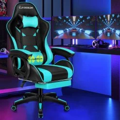 ELFORDSON Gaming Chair Lumbar Massage With Footrest, Cyan & Black