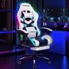 ELFORDSON Gaming Chair With RGB LED Light 8-Point Massage, White & Black