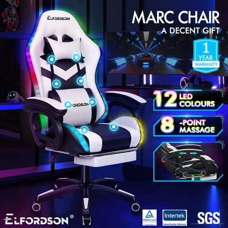 ELFORDSON Gaming Chair With RGB LED Light 8-Point Massage, White & Black - Image 2