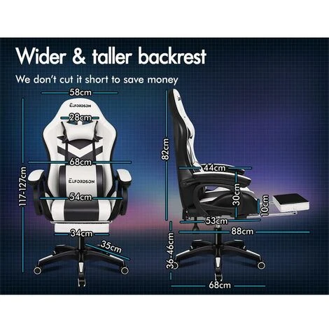 ELFORDSON Gaming Chair With RGB LED Light 8-Point Massage, White & Black - Image 3