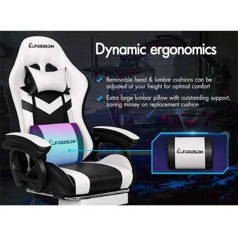 ELFORDSON Gaming Chair With RGB LED Light 8-Point Massage, White & Black - Image 4